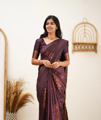 Flosive Striped Banarasi Pure Silk Saree(Purple)