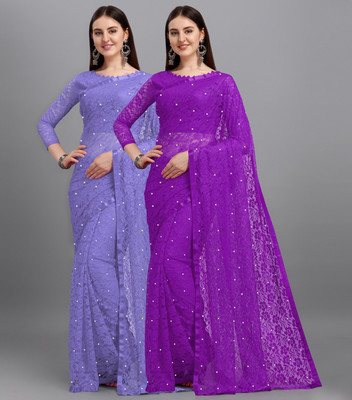 LOROFY Self Design Bollywood Net, Brasso Saree(Pack of 2, Multicolor)