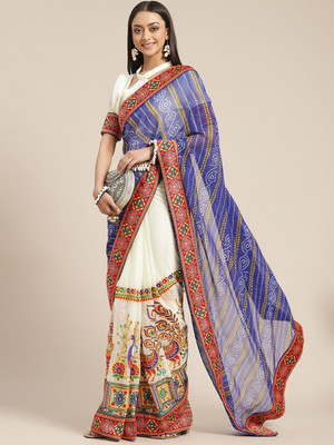 SERONA FABRICS Embroidered, Printed Bandhani Georgette Saree(Blue, White)