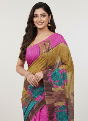 Anugrah Textile Printed Banarasi Lycra Blend, Chiffon Saree(Pink, Yellow)