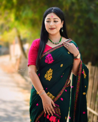 vrajtextiledr Woven Mekhela Chador Cotton Silk Saree(Dark Green)