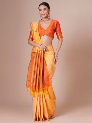 House of Pataudi Woven Jamdani Pure Silk Saree(Yellow)