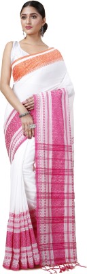 Ruuprekha Printed Handloom Cotton Blend Saree(White, Pink)