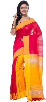 Fab Solid/Plain Handloom Cotton Silk Saree(Yellow, Red)