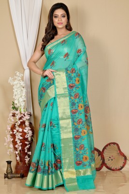 DipDiya Blocked Printed, Embellished, Self Design, Woven Handloom Cotton Blend Saree(Light Green)