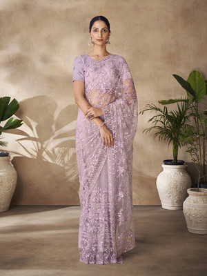 Fusionic Embroidered Leheria Net Saree(Purple)
