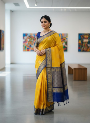 Bindi Striped Banarasi Jacquard Saree(Yellow)