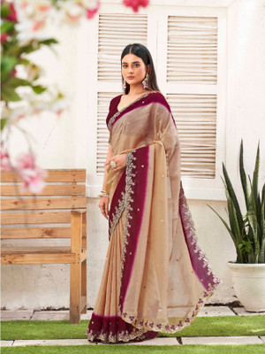 KONICA FAB Embroidered Bollywood Chiffon Saree(Cream)