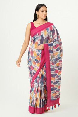 Margi Designers Floral Print Handloom Cotton Linen Saree(Pink)