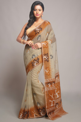 WoodenTant Woven Jamdani Cotton Silk Saree(Beige, Orange)
