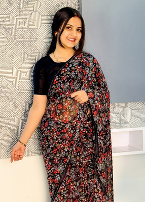 TELIRAJ.FASHION. Printed Bollywood Georgette, Chiffon Saree(Red)