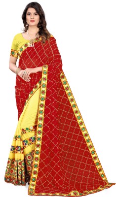 SERONA FABRICS Self Design, Printed, Embroidered Bandhani Georgette, Art Silk Saree(Red, Yellow)