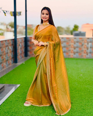 Online Bazaaar Solid/Plain Bollywood Chiffon, Pure Silk Saree(Gold)