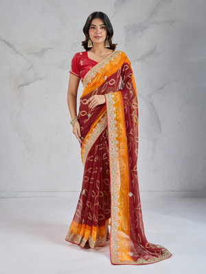 SareezaaStore Printed Bandhani Georgette Saree(Maroon)