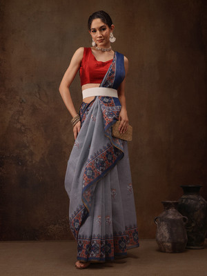 Divastri Digital Print Banarasi Cotton Blend Saree(Grey)