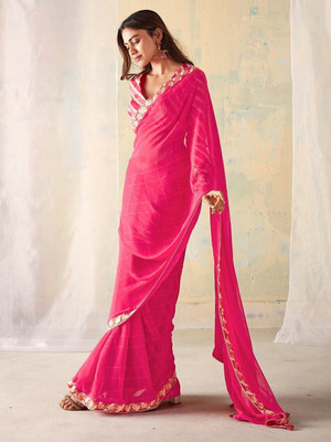 ROOP SUNDARI SAREES Woven, Checkered, Solid/Plain Bollywood Georgette, Chiffon Saree(Pink)