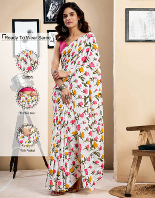 Samah Floral Print, Geometric Print, Printed Daily Wear Pure Cotton Saree(White, Multicolor)