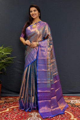 ALPENIKA Embellished Kanjivaram Jacquard, Silk Blend Saree(Dark Blue)