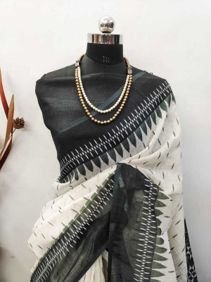 Mervadiya Self Design Kanjivaram Cotton Linen, Linen Saree(White)
