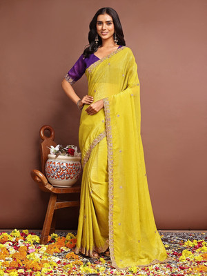 Vichitra Embroidered Bollywood Chiffon Saree(Yellow)