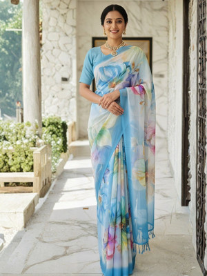 ZAMUNA Floral Print, Digital Print Daily Wear Georgette Saree(Blue)
