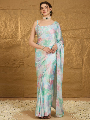 Sareemall Floral Print Bollywood Satin Saree(Multicolor)