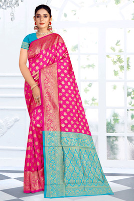 Radharani fusion Woven, Self Design Paithani Cotton Silk Saree(Pink, Light Blue)