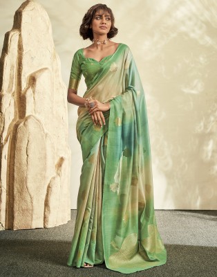 Samah Woven, Embellished, Printed Banarasi Cotton Blend, Jacquard Saree(Light Green, Multicolor)