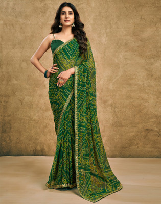Satrani Printed, Embroidered, Embellished Bollywood Georgette, Chiffon Saree(Green)