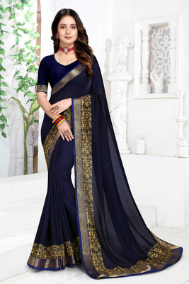 PinkEVE Embroidered Bollywood Chiffon Saree(Dark Blue)