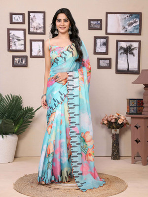 RHEY Embellished Bollywood Pure Cotton Saree(Light Blue)