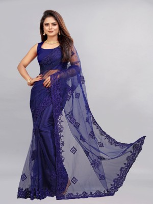 YARA CREATION Embroidered Bollywood Net Saree(Dark Blue)