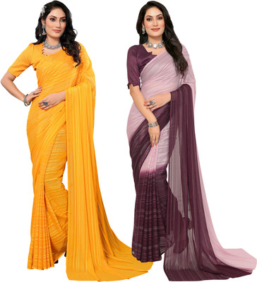 kashvi sarees Embellished Bollywood Satin Saree(Pack of 2, Yellow, Purple, Pink)