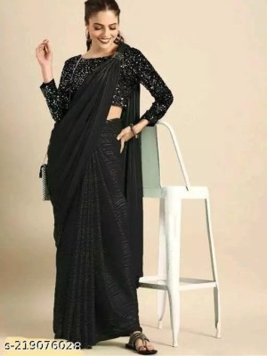 online bazaarr Striped Chanderi Chiffon Saree(Black)