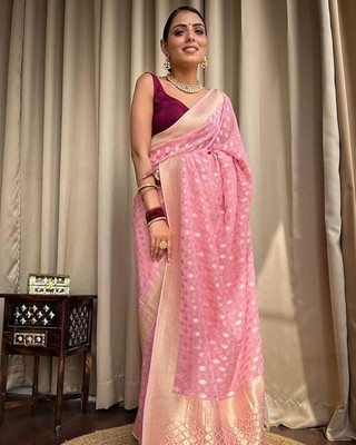 SUBHARU Geometric Print Banarasi Georgette Saree(Pink)