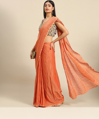 Divastri Solid/Plain Bollywood Cotton Blend Saree(Orange)