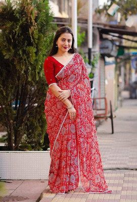 TEN R Geometric Print Bollywood Georgette Saree(Red)