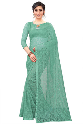 Croza Self Design Bollywood Net Saree(Green)