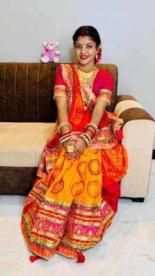 2SD gratitude Self Design, Digital Print Bandhani Chiffon Saree(Orange)