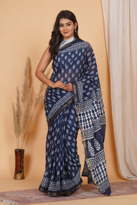 Amania Fab Tex Printed, Floral Print, Blocked Printed Handloom Pure Cotton Saree(Dark Blue, White)