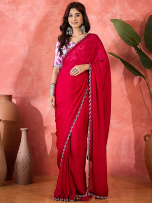 manvaa Embellished Banarasi Satin Saree(Red)