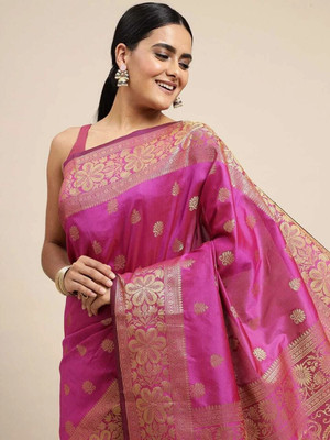 SEASON FAB Self Design, Applique, Blocked Printed, Checkered Banarasi Jacquard, Art Silk Saree(Pink)