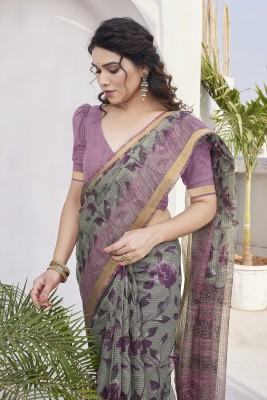 MIRCHI FASHION Printed, Floral Print, Checkered Kota Doria Polyester Saree(Light Green, Pink)