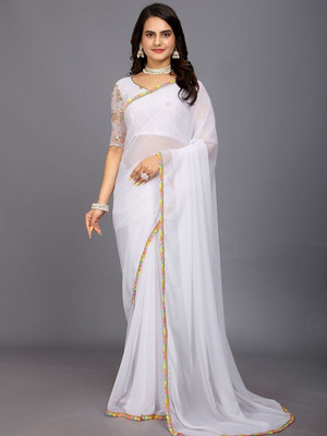 CLICKTHEMALL Solid/Plain Bollywood Georgette Saree(White)