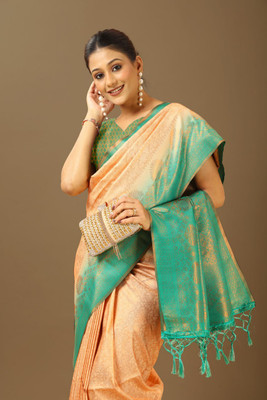 Ritu Silk Temple Border, Self Design, Solid/Plain Kanjivaram Pure Silk Saree(Cream, Light Blue)
