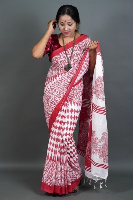 HouseOfCommon Printed, Self Design, Solid/Plain, Woven Handloom Pure Cotton Saree(Red, White)