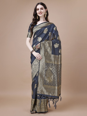 HouseOfCommon Woven, Solid/Plain Banarasi Silk Blend, Art Silk Saree(Grey)