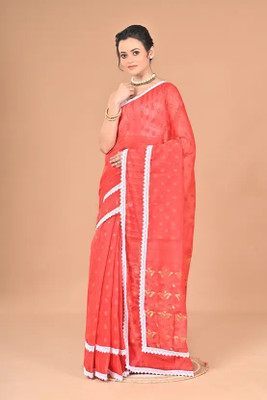 TWRIL Woven Jamdani Cotton Silk Saree(Red)