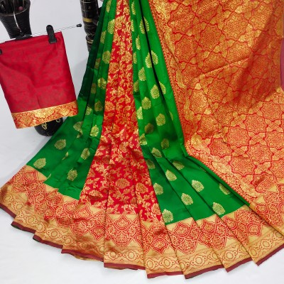 Aadvika Woven Kanjivaram Jacquard, Silk Blend Saree(Green, Red)