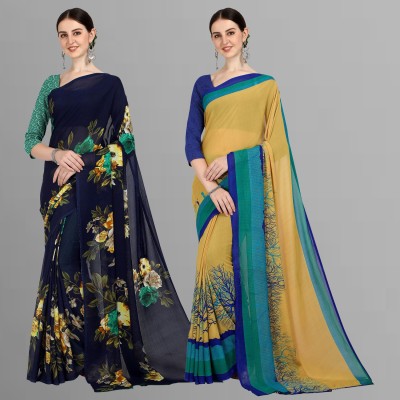 Anand Sarees Floral Print Daily Wear Georgette Saree(Pack of 2, Dark Blue, Green)